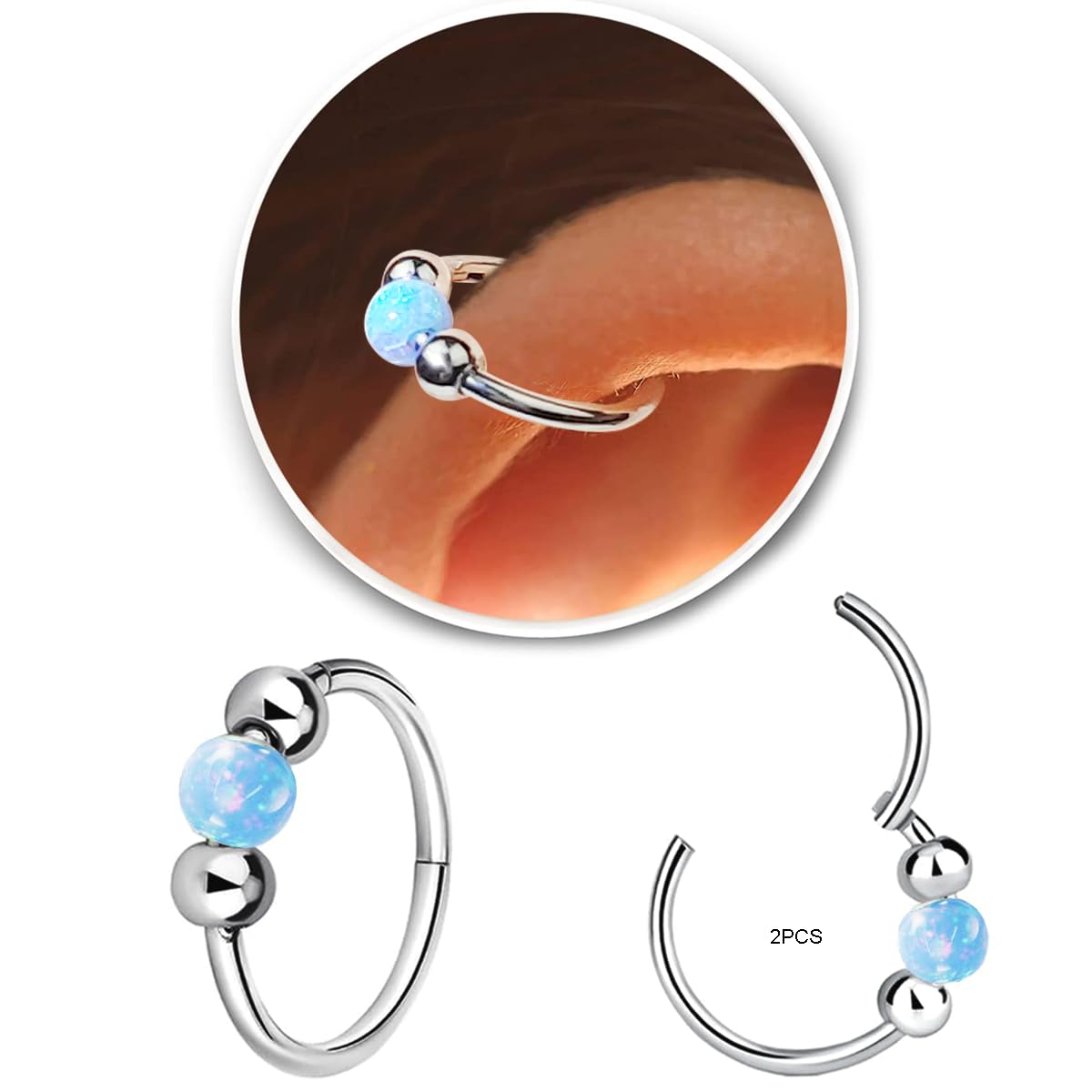 2PCS 18G Opal Cartilage Hoop Earrings, Hypoallergenic Silver Huggie Hoops