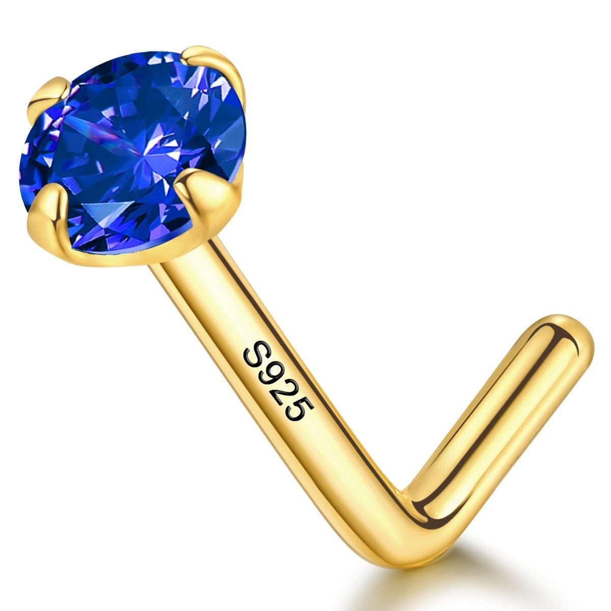 20G Gold Nose Ring Stud for Women,925 Sterling Silver L Shaped CZ Nose Stud
