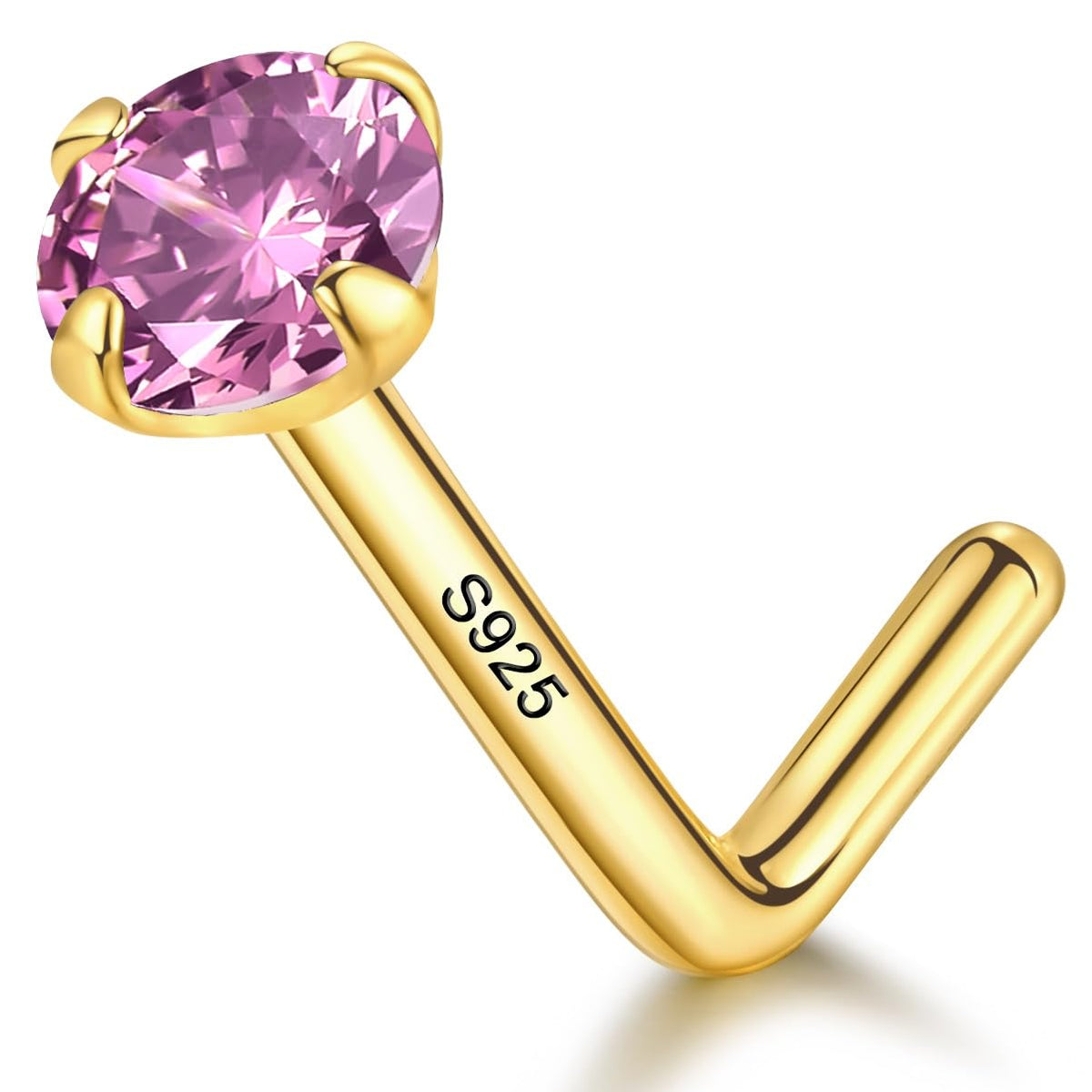 20G Gold Nose Ring Stud for Women,925 Sterling Silver L Shaped CZ Nose Stud