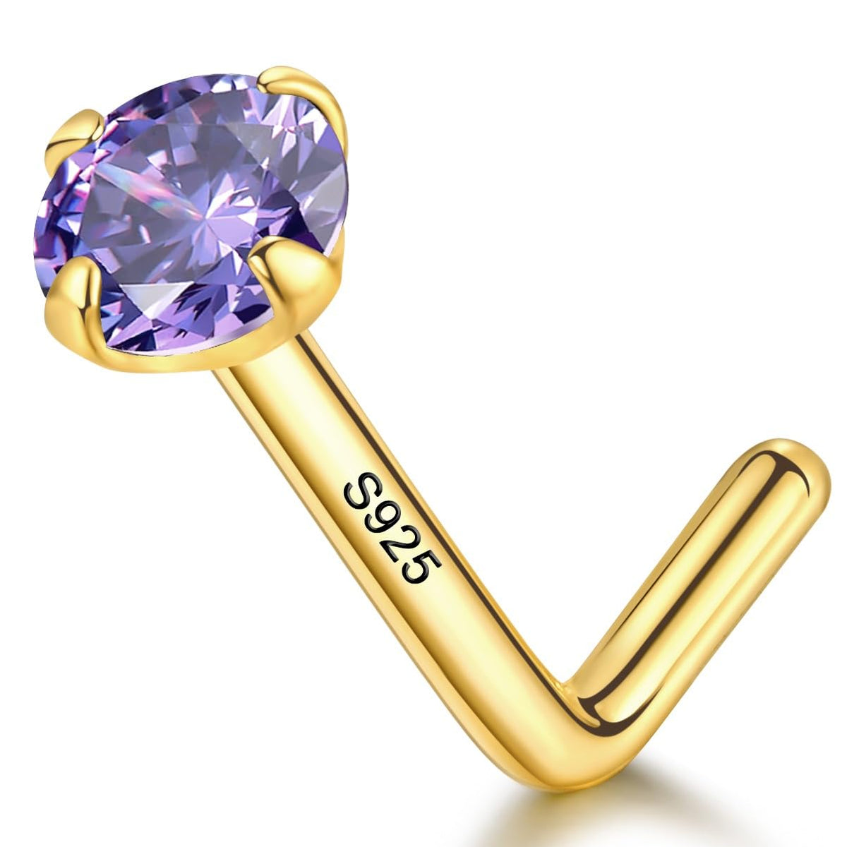 20G Gold Nose Ring Stud for Women,925 Sterling Silver L Shaped CZ Nose Stud