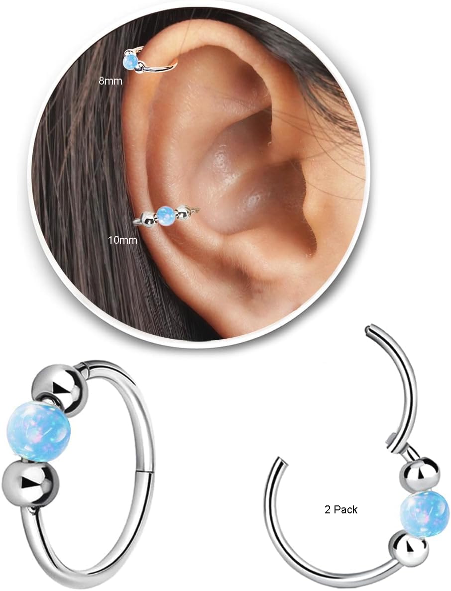 2PCS 18G Opal Cartilage Hoop Earrings, Hypoallergenic Silver Huggie Hoops