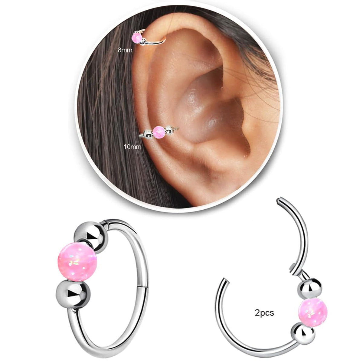 2PCS 18G Opal Cartilage Hoop Earrings, Hypoallergenic Silver Huggie Hoops