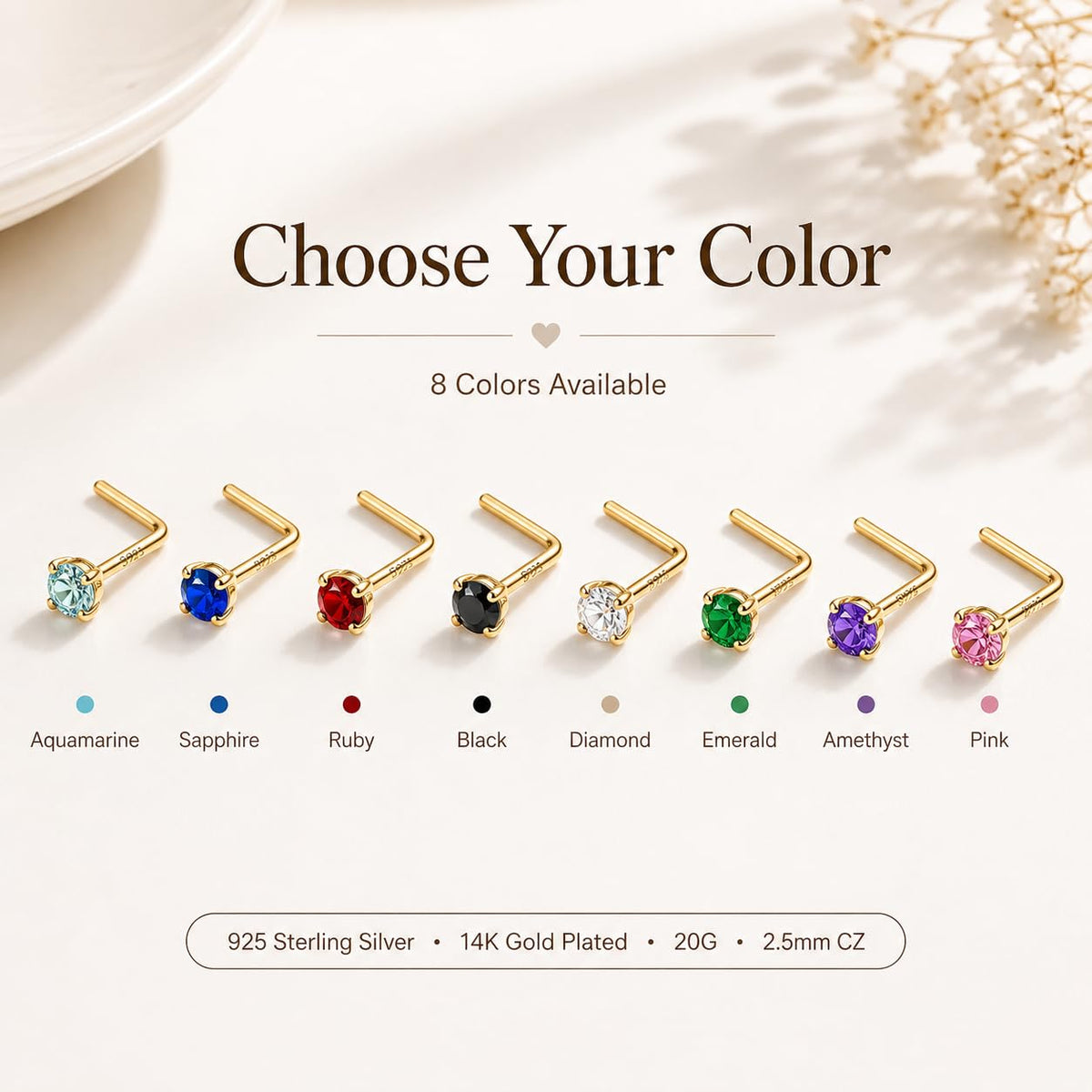 20G Gold Nose Ring Stud for Women,925 Sterling Silver L Shaped CZ Nose Stud