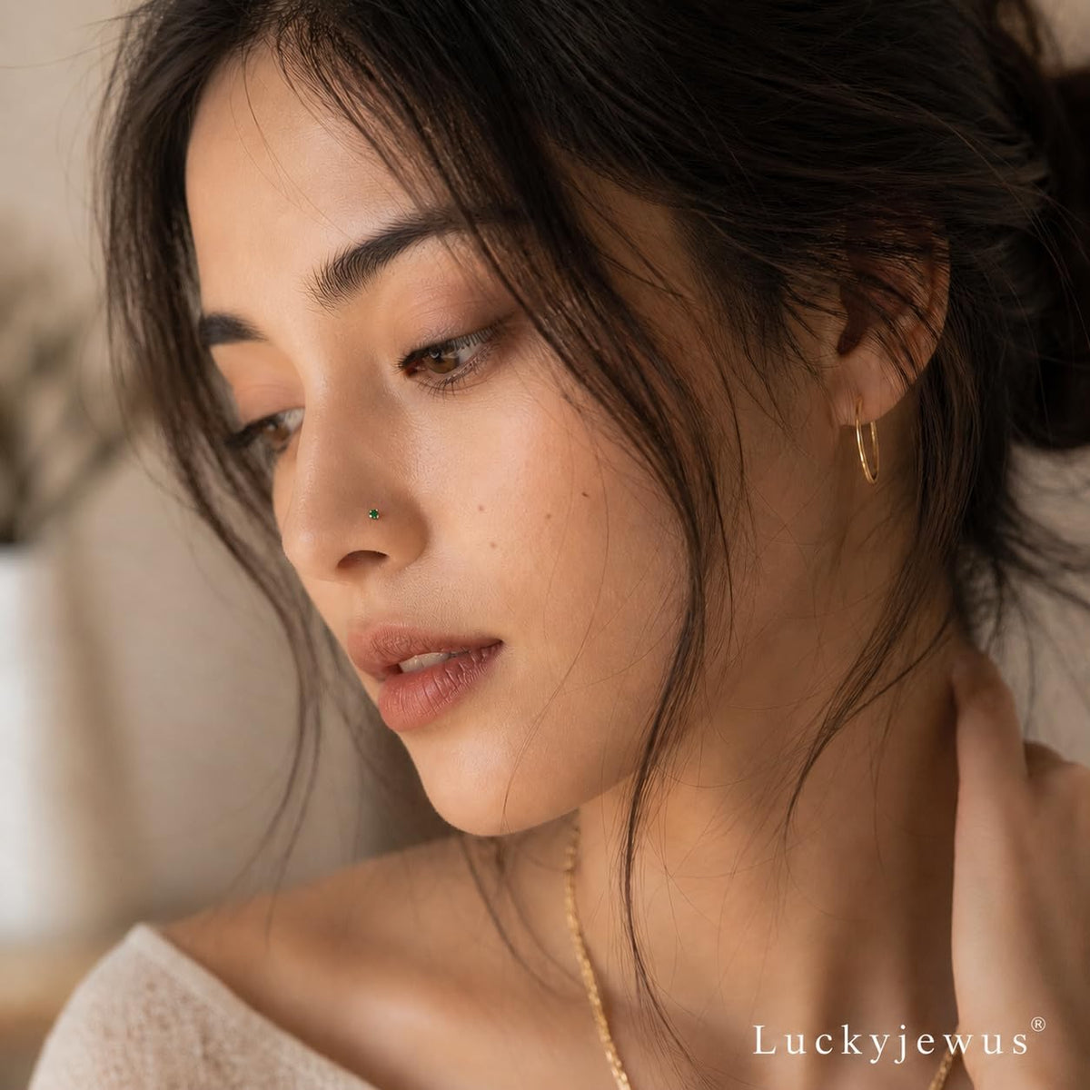 20G Gold Nose Ring Stud for Women,925 Sterling Silver L Shaped CZ Nose Stud