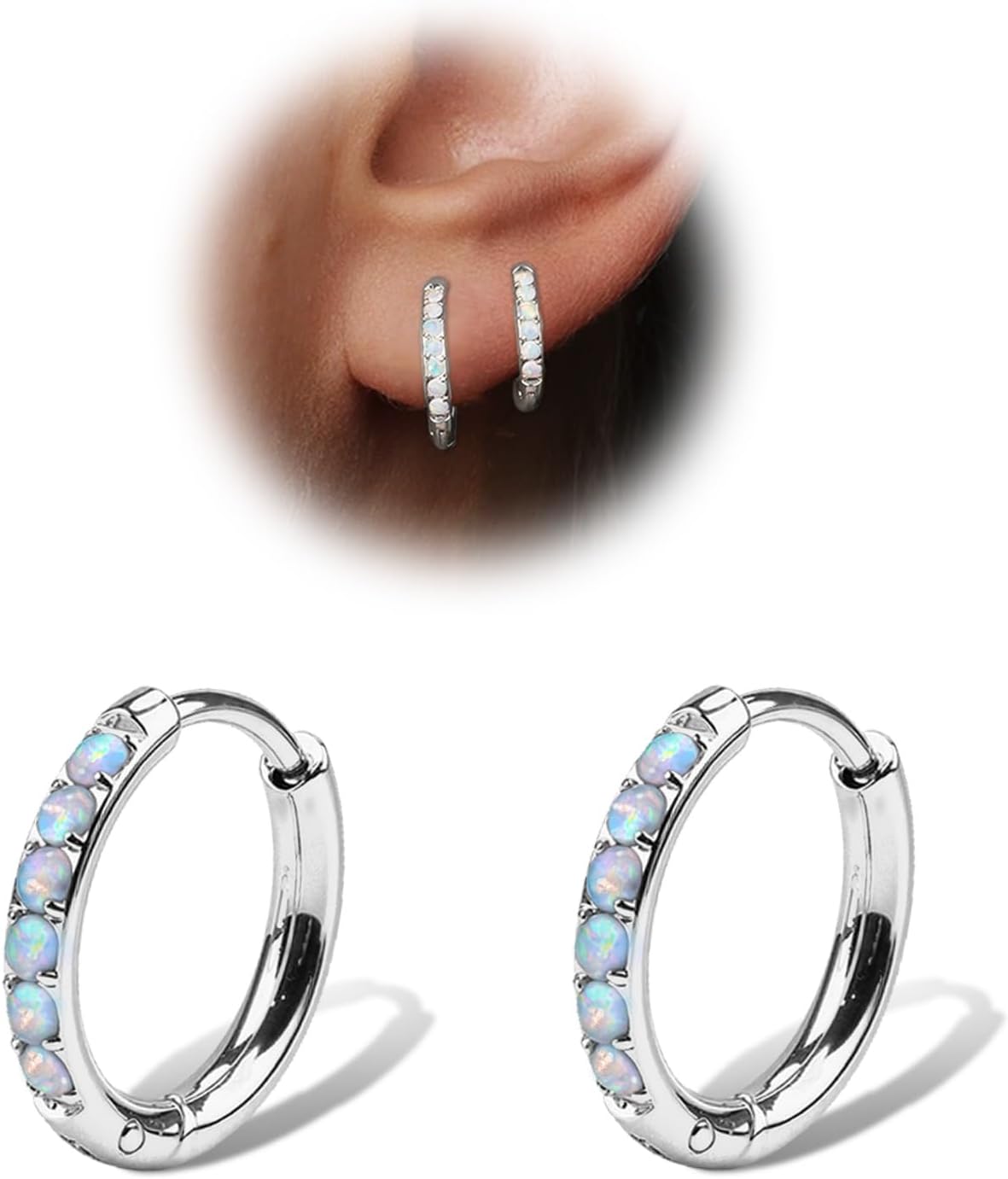 1Pair 316L Surgical Steel Opal Small Hoop Earrings for Women Hypoallergenic Medical Grade Lightweight For Cartilage Helix Daith Tragus Lobe Piercing Jewelry