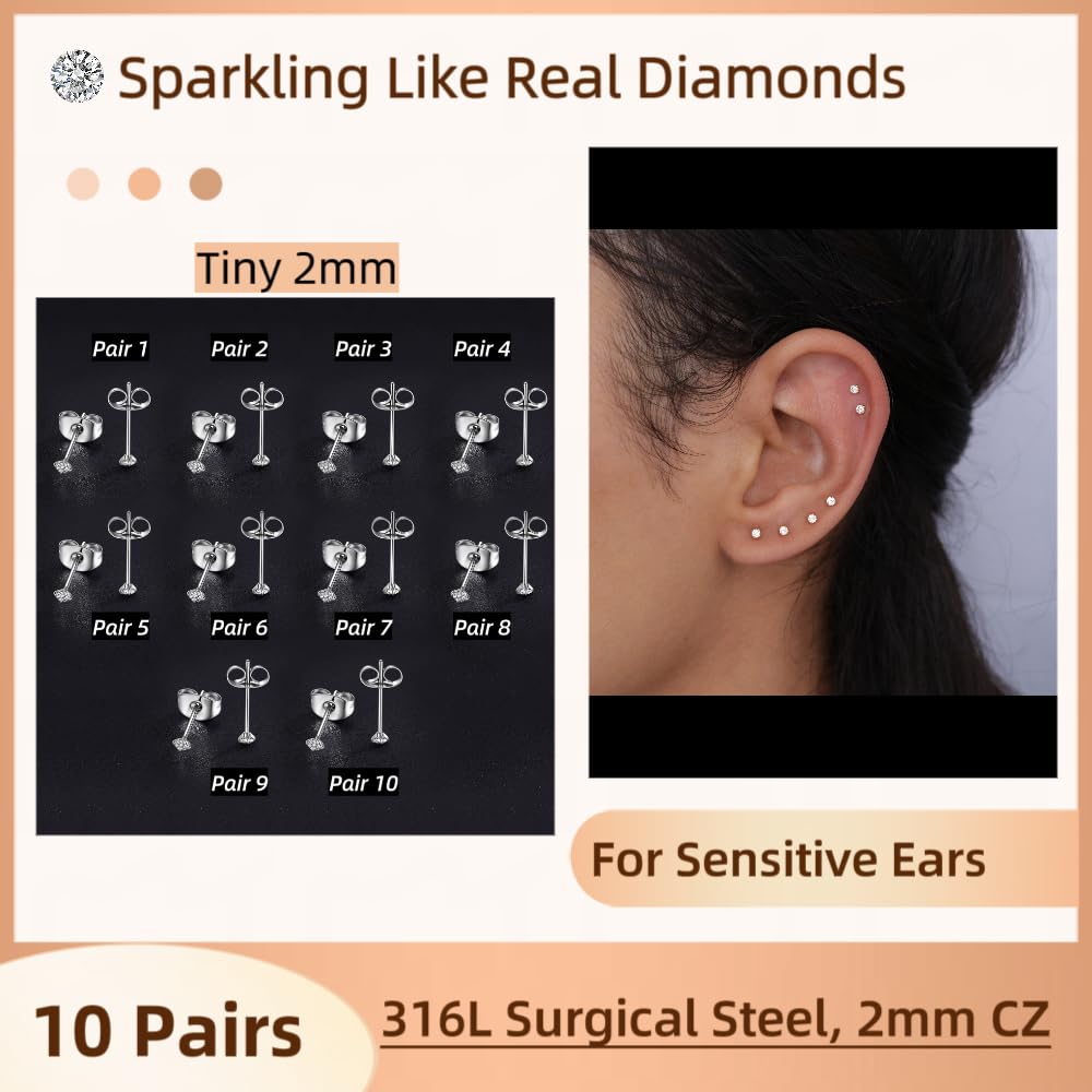 10 Pairs Small Stud Earrings for Women Hypoallergenic Multiple Piercings