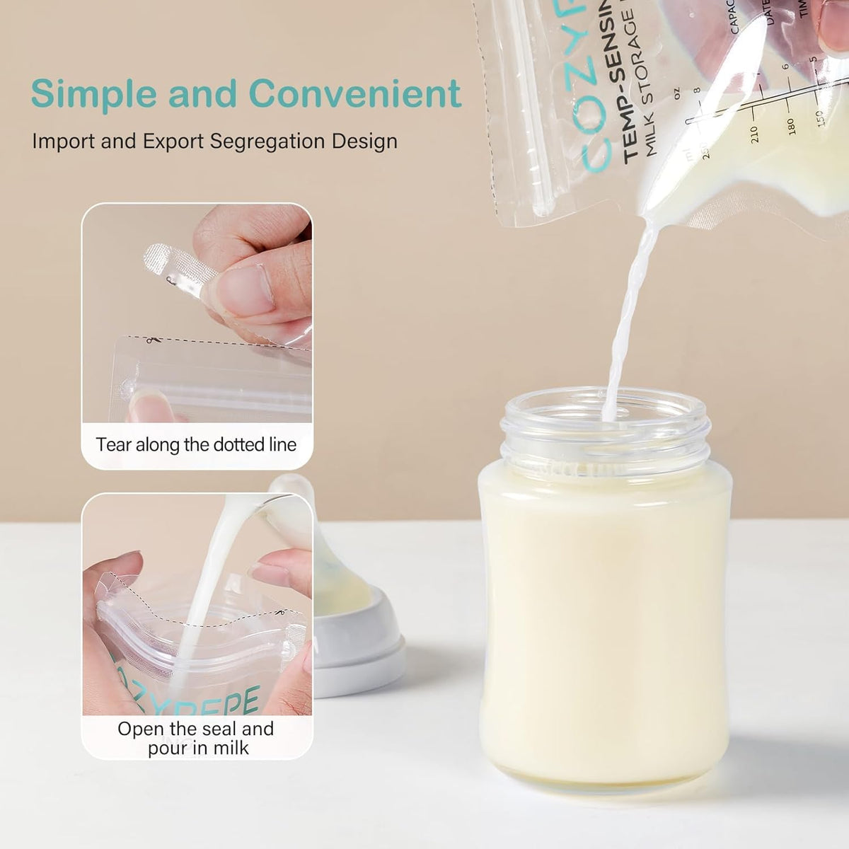 100 Pcs Breastmilk Storage Bags, 8oz/250ml Breast Milk Storing Bag with Pour Spout, Temperature-Sensing Color Change Milk Bag for Convenient Breastfeeding, No Leak Presterilized for Freezer