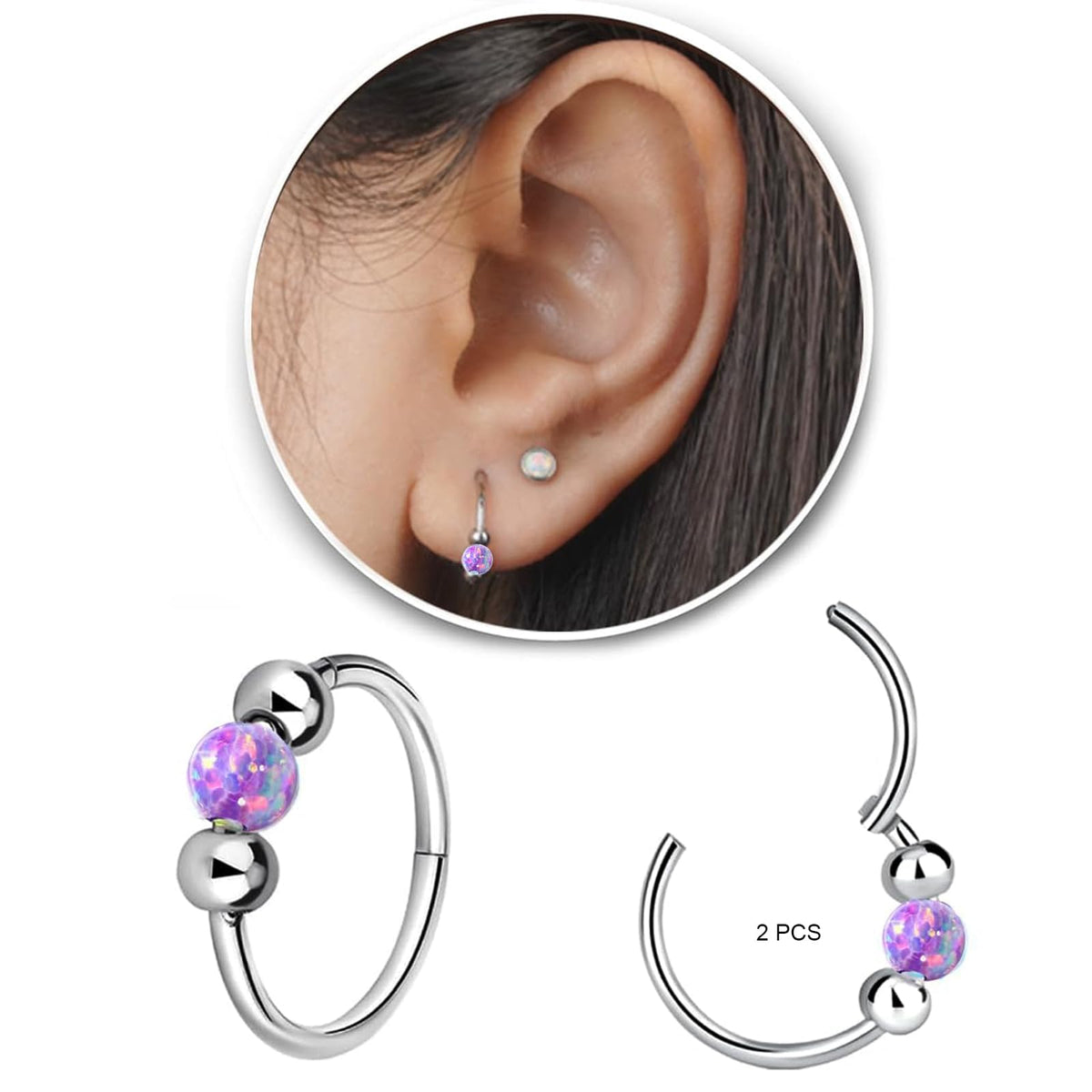 2PCS 18G Opal Cartilage Hoop Earrings, Hypoallergenic Silver Huggie Hoops