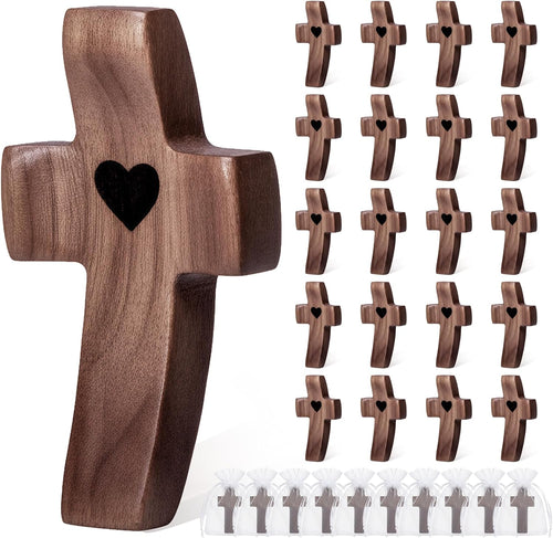 10-Pack Wooden Cross Fidget with Organza Bags, Handmade Pocket Walnut Cross