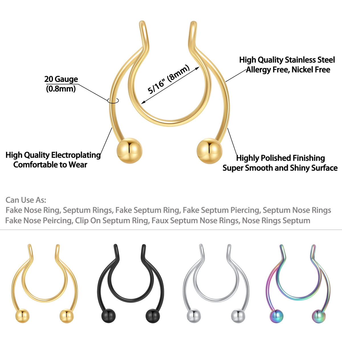 1-16Pcs 16G 18G 20G 22G Nose Rings Hoops Nose Piercings Fake Nose Ring Fake Septum Nose Ring Fake Lip Rings Fake Septum Piercing Fake Nose Piercing Fake Nose Hoop Faux Nose Rings Clip On Nose Cuffs Nose Piercing Jewelry Nose Rings for Women Men Nose Hoops