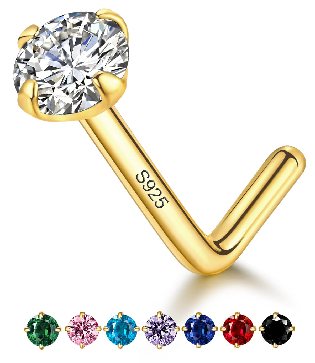 20G Gold Nose Ring Stud for Women,925 Sterling Silver L Shaped CZ Nose Stud