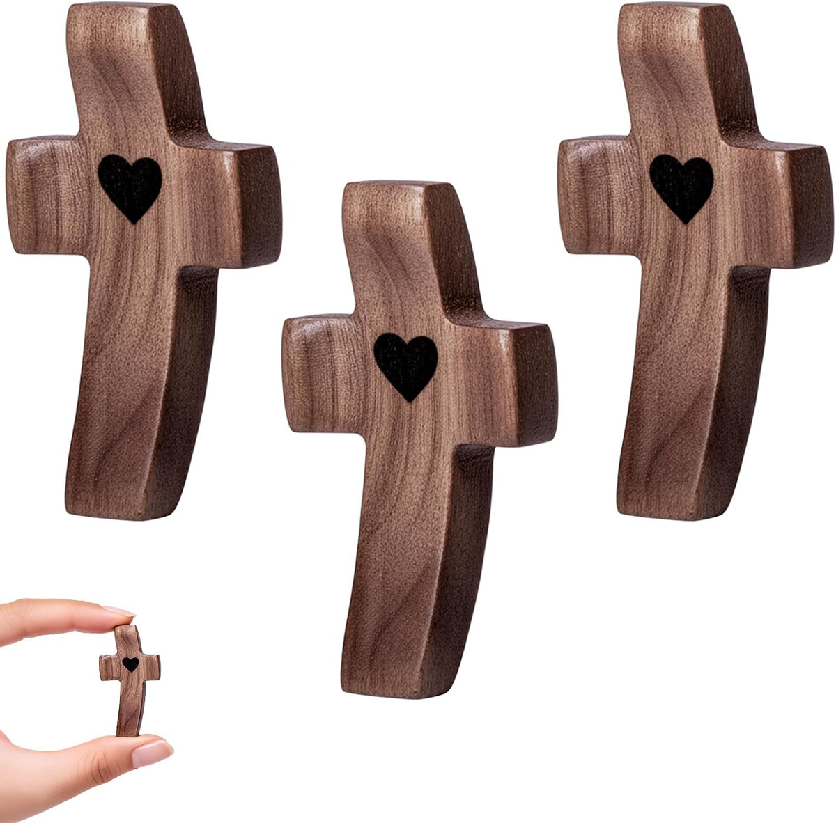 10-Pack Wooden Cross Fidget with Organza Bags, Handmade Pocket Walnut Cross