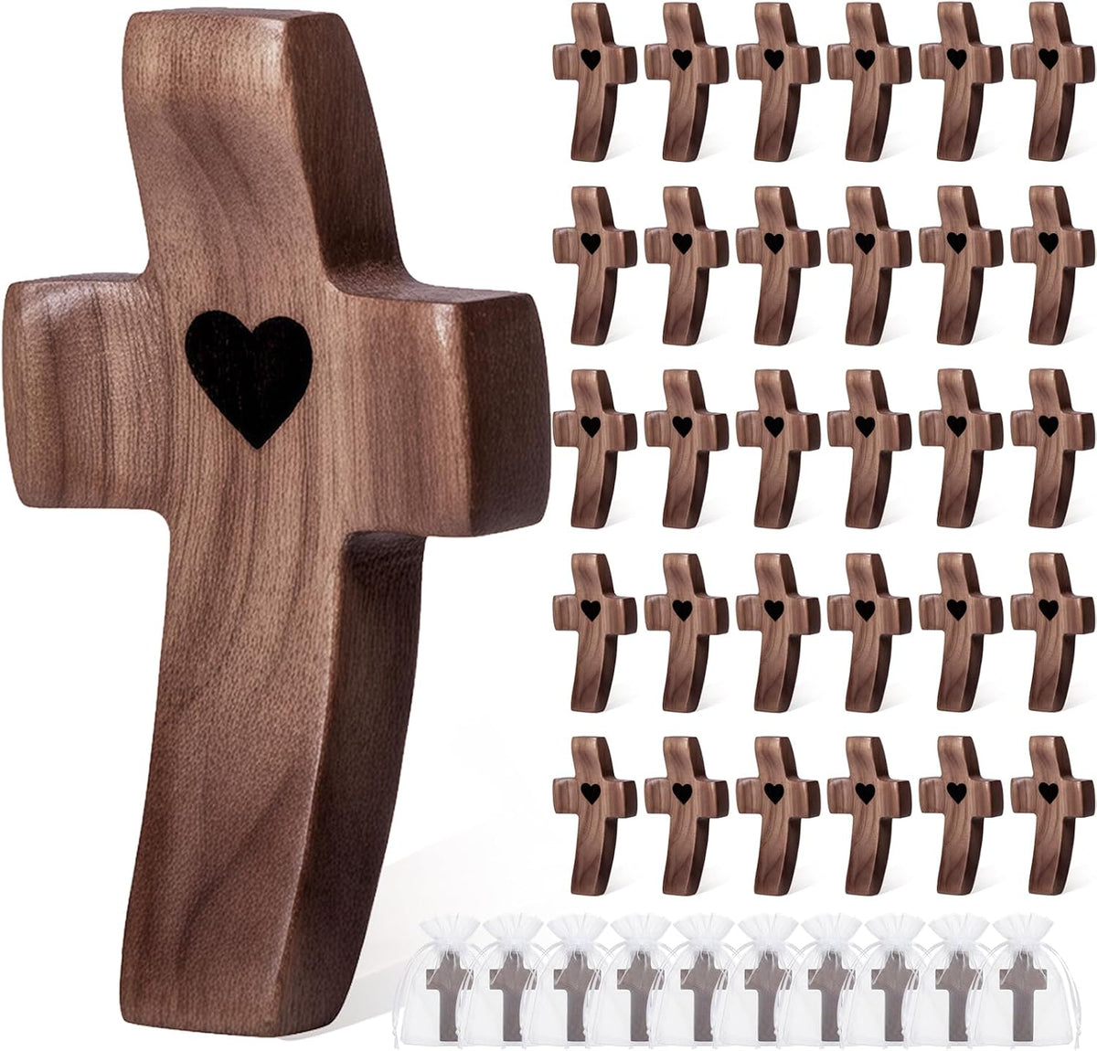 10-Pack Wooden Cross Fidget with Organza Bags, Handmade Pocket Walnut Cross