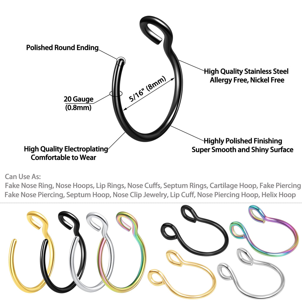 1-16Pcs 16G 18G 20G 22G Nose Rings Hoops Nose Piercings Fake Nose Ring Fake Septum Nose Ring Fake Lip Rings Fake Septum Piercing Fake Nose Piercing Fake Nose Hoop Faux Nose Rings Clip On Nose Cuffs Nose Piercing Jewelry Nose Rings for Women Men Nose Hoops