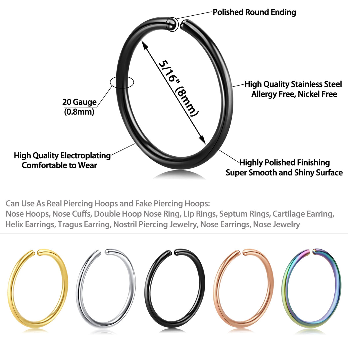 1-16Pcs 16G 18G 20G 22G Nose Rings Hoops Nose Piercings Fake Nose Ring Fake Septum Nose Ring Fake Lip Rings Fake Septum Piercing Fake Nose Piercing Fake Nose Hoop Faux Nose Rings Clip On Nose Cuffs Nose Piercing Jewelry Nose Rings for Women Men Nose Hoops