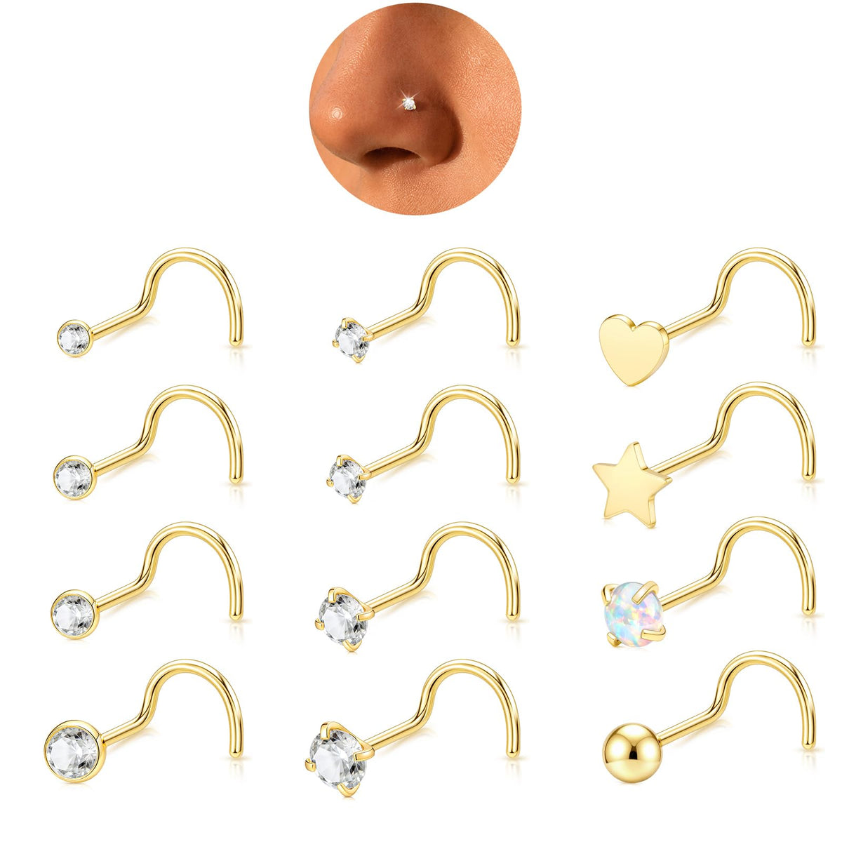 12 Pcs 20G Silver Nose Rings Studs Corkscrew Piercing Jewelry for Women Men