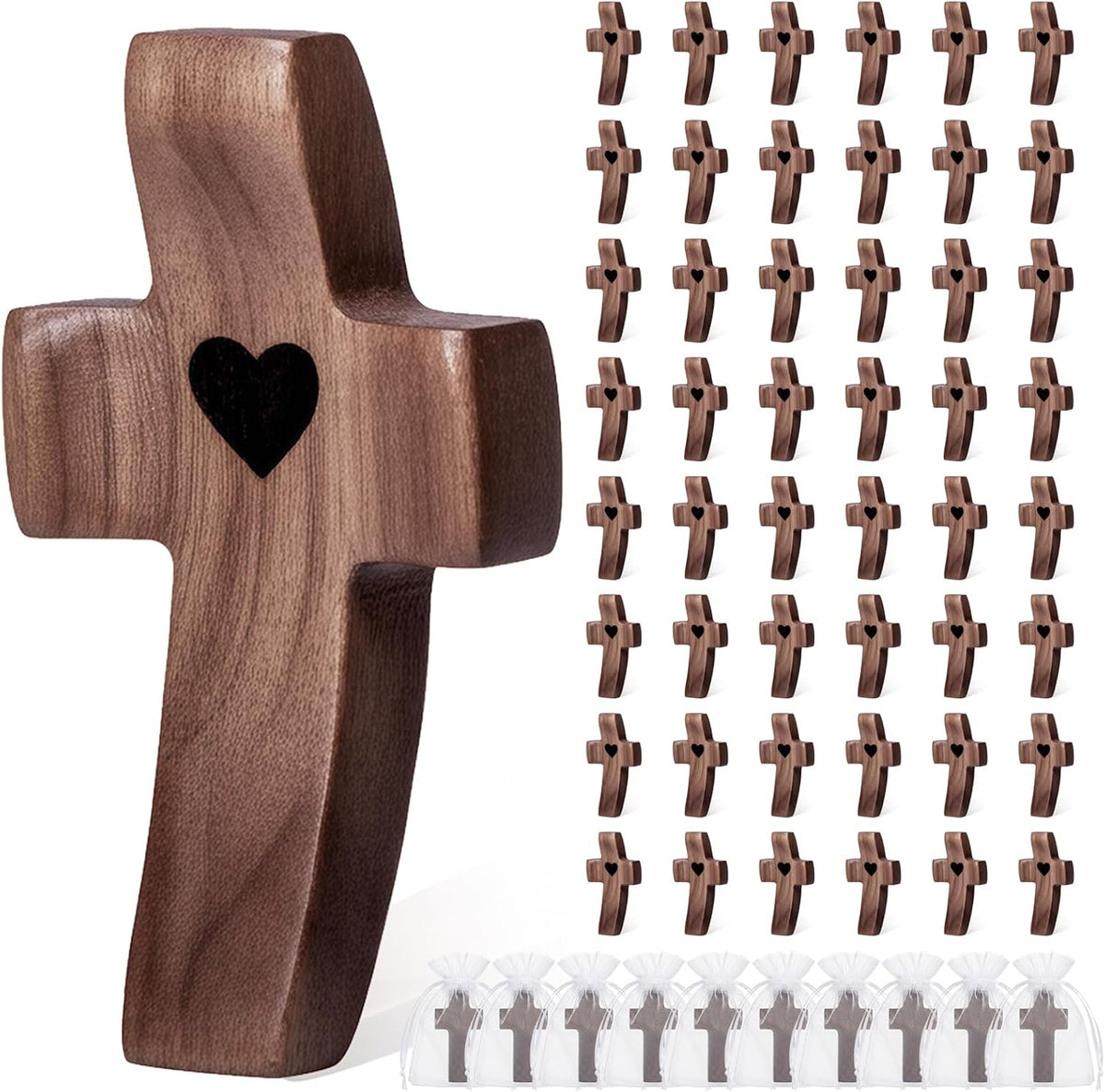 10-Pack Wooden Cross Fidget with Organza Bags, Handmade Pocket Walnut Cross