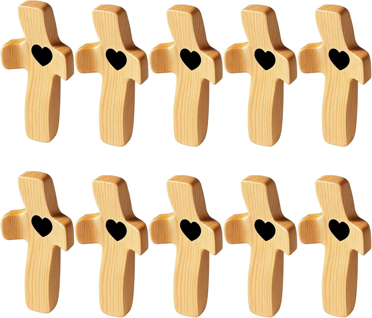 10-Pack Wooden Cross Fidget with Organza Bags, Handmade Pocket Walnut Cross