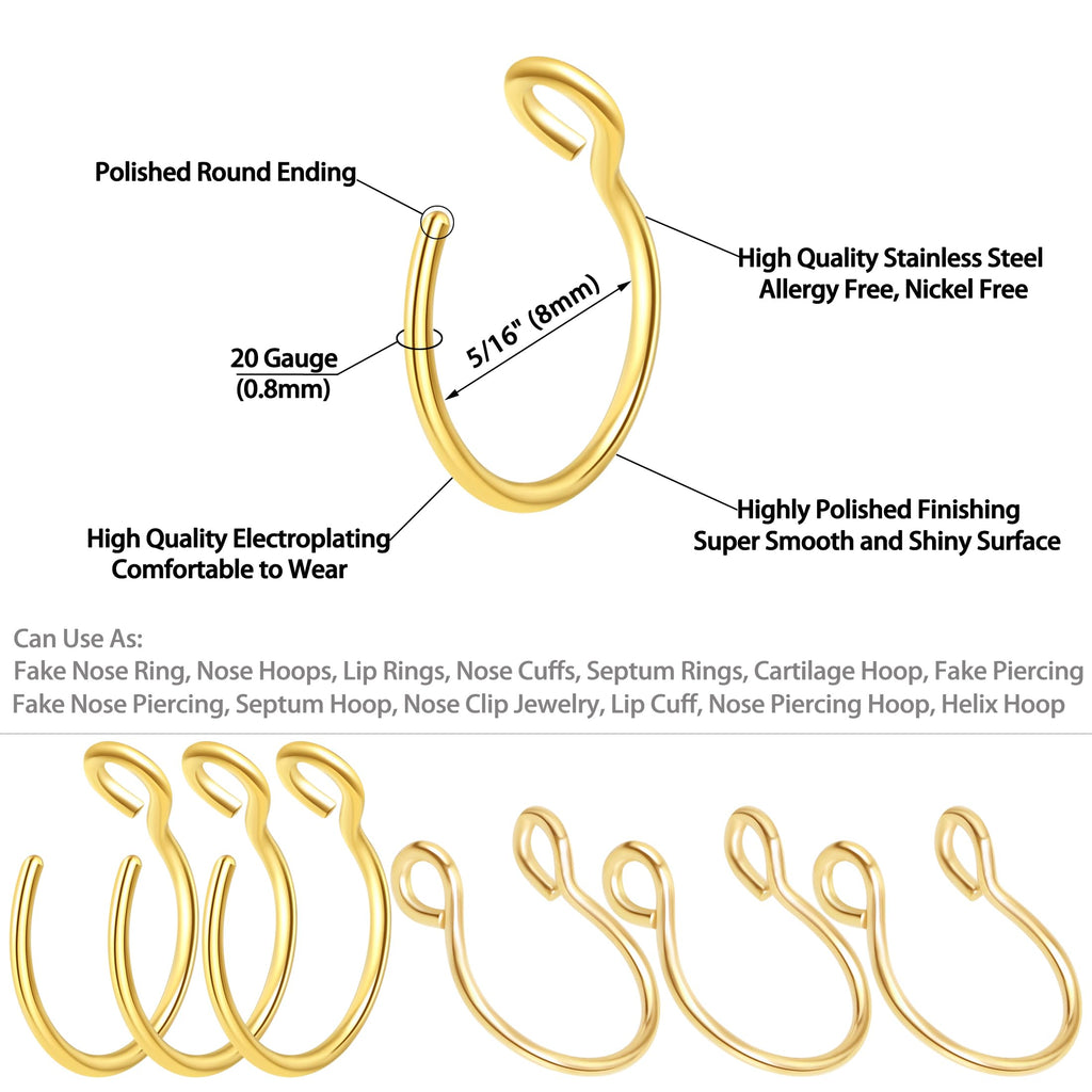 1-16Pcs 16G 18G 20G 22G Nose Rings Hoops Nose Piercings Fake Nose Ring Fake Septum Nose Ring Fake Lip Rings Fake Septum Piercing Fake Nose Piercing Fake Nose Hoop Faux Nose Rings Clip On Nose Cuffs Nose Piercing Jewelry Nose Rings for Women Men Nose Hoops