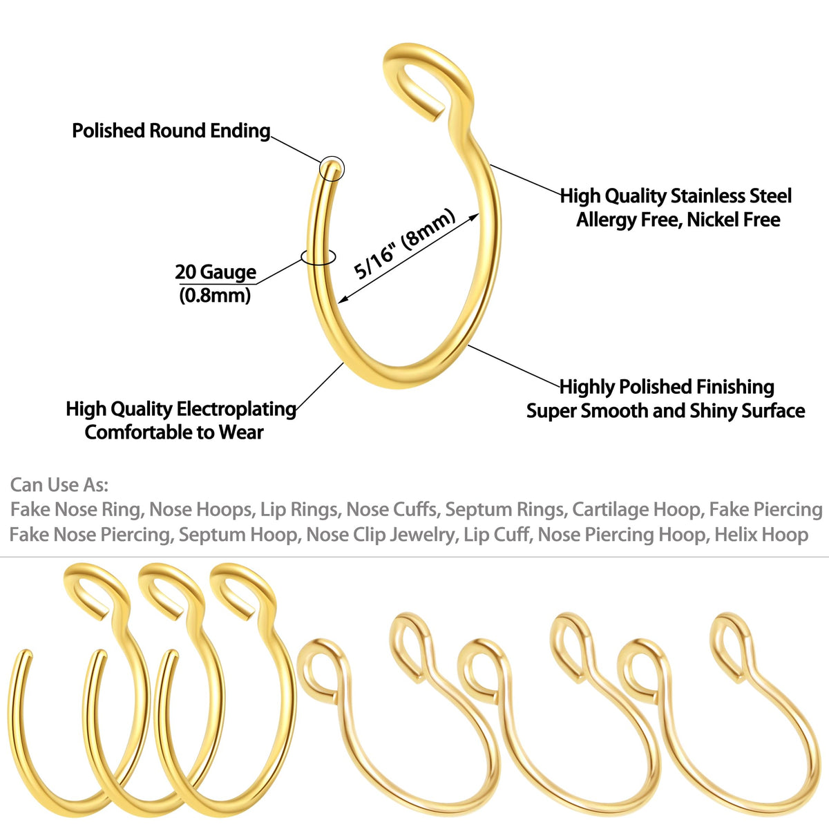 1-16Pcs 16G 18G 20G 22G Nose Rings Hoops Nose Piercings Fake Nose Ring Fake Septum Nose Ring Fake Lip Rings Fake Septum Piercing Fake Nose Piercing Fake Nose Hoop Faux Nose Rings Clip On Nose Cuffs Nose Piercing Jewelry Nose Rings for Women Men Nose Hoops