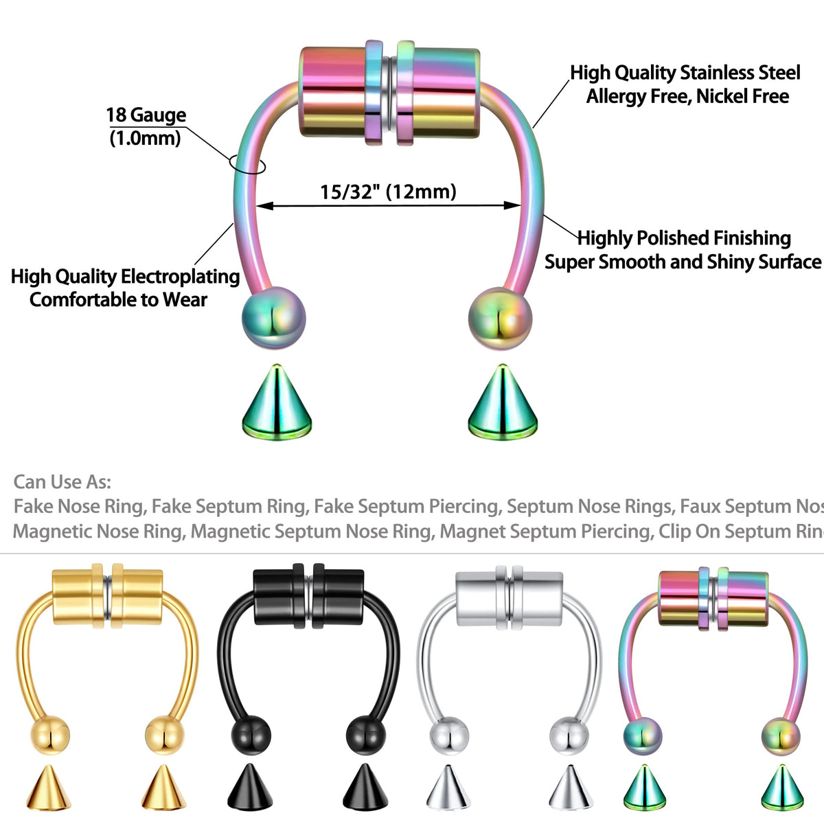 1-16Pcs 16G 18G 20G 22G Nose Rings Hoops Nose Piercings Fake Nose Ring Fake Septum Nose Ring Fake Lip Rings Fake Septum Piercing Fake Nose Piercing Fake Nose Hoop Faux Nose Rings Clip On Nose Cuffs Nose Piercing Jewelry Nose Rings for Women Men Nose Hoops