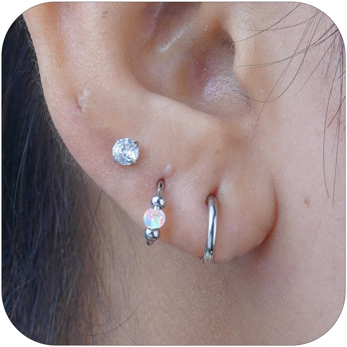 2PCS 18G Opal Cartilage Hoop Earrings, Hypoallergenic Silver Huggie Hoops