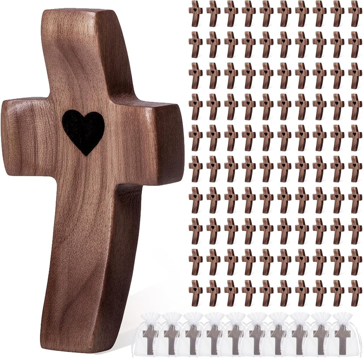 10-Pack Wooden Cross Fidget with Organza Bags, Handmade Pocket Walnut Cross