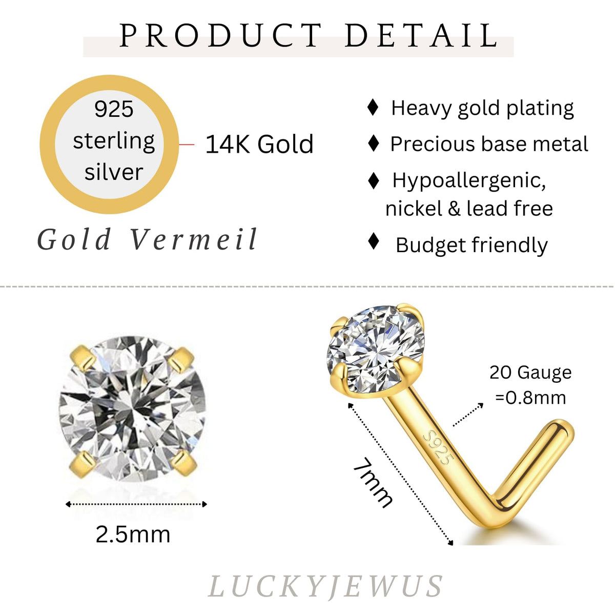 20G Gold Nose Ring Stud for Women,925 Sterling Silver L Shaped CZ Nose Stud