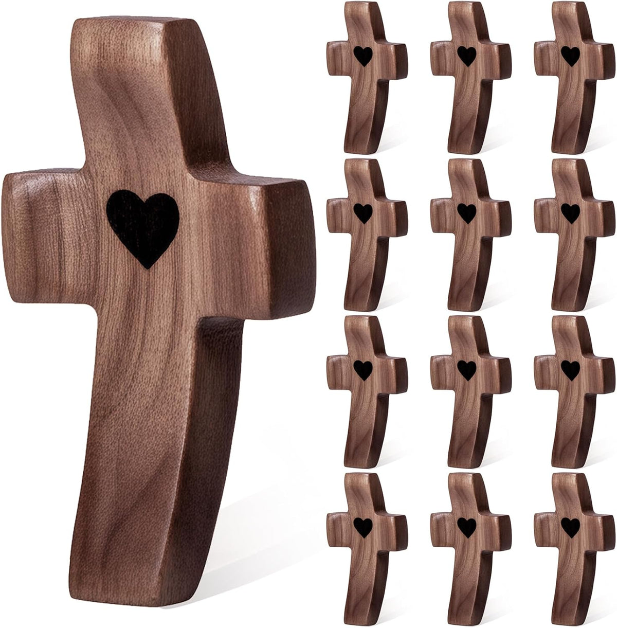 10-Pack Wooden Cross Fidget with Organza Bags, Handmade Pocket Walnut Cross