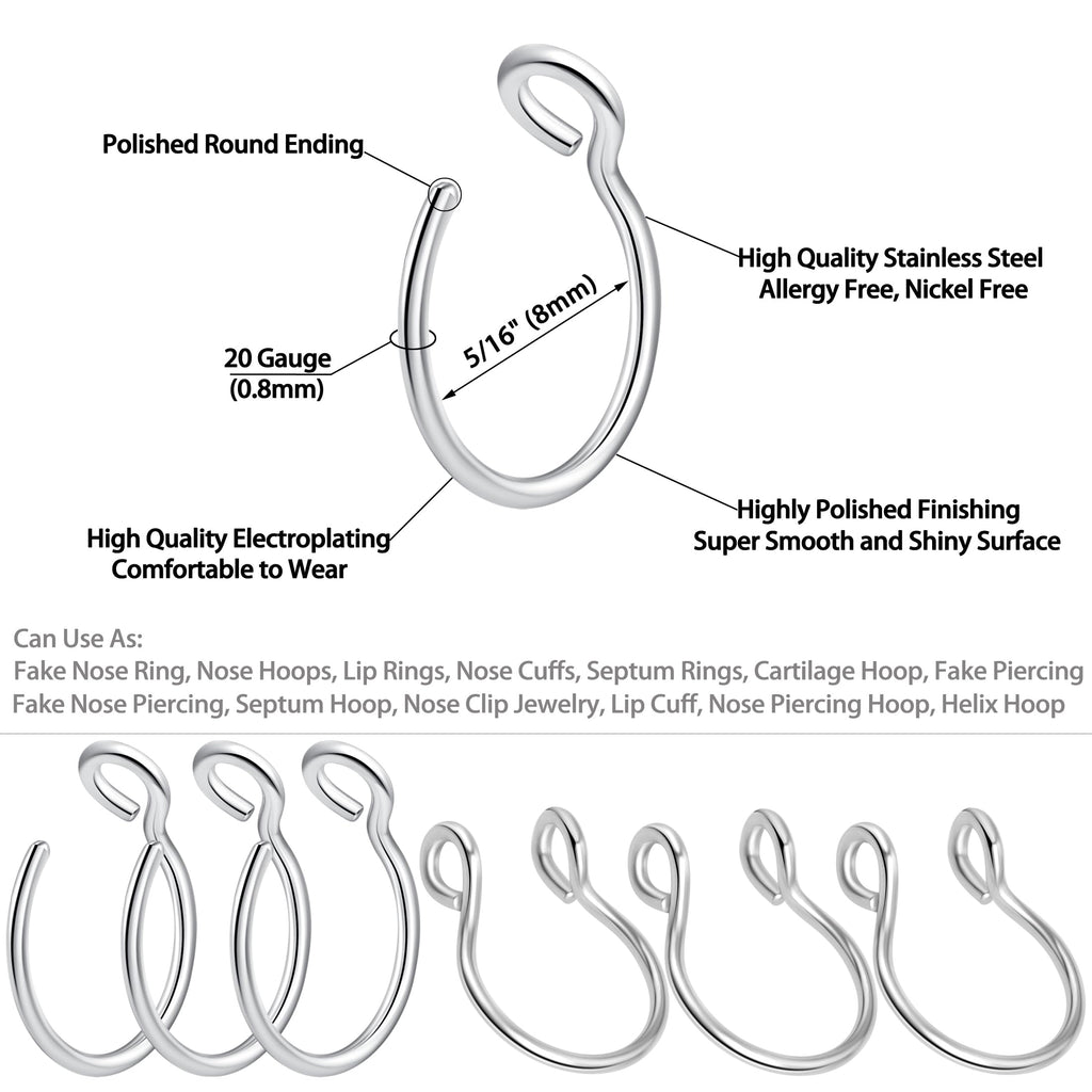 1-16Pcs 16G 18G 20G 22G Nose Rings Hoops Nose Piercings Fake Nose Ring Fake Septum Nose Ring Fake Lip Rings Fake Septum Piercing Fake Nose Piercing Fake Nose Hoop Faux Nose Rings Clip On Nose Cuffs Nose Piercing Jewelry Nose Rings for Women Men Nose Hoops