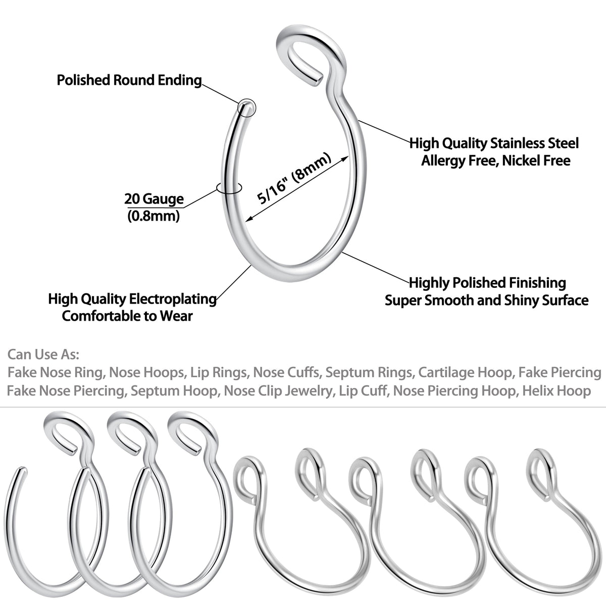 1-16Pcs 16G 18G 20G 22G Nose Rings Hoops Nose Piercings Fake Nose Ring Fake Septum Nose Ring Fake Lip Rings Fake Septum Piercing Fake Nose Piercing Fake Nose Hoop Faux Nose Rings Clip On Nose Cuffs Nose Piercing Jewelry Nose Rings for Women Men Nose Hoops