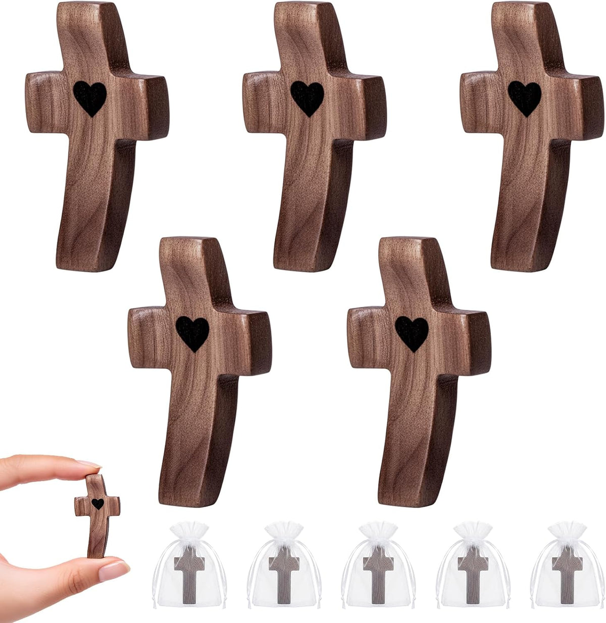 10-Pack Wooden Cross Fidget with Organza Bags, Handmade Pocket Walnut Cross