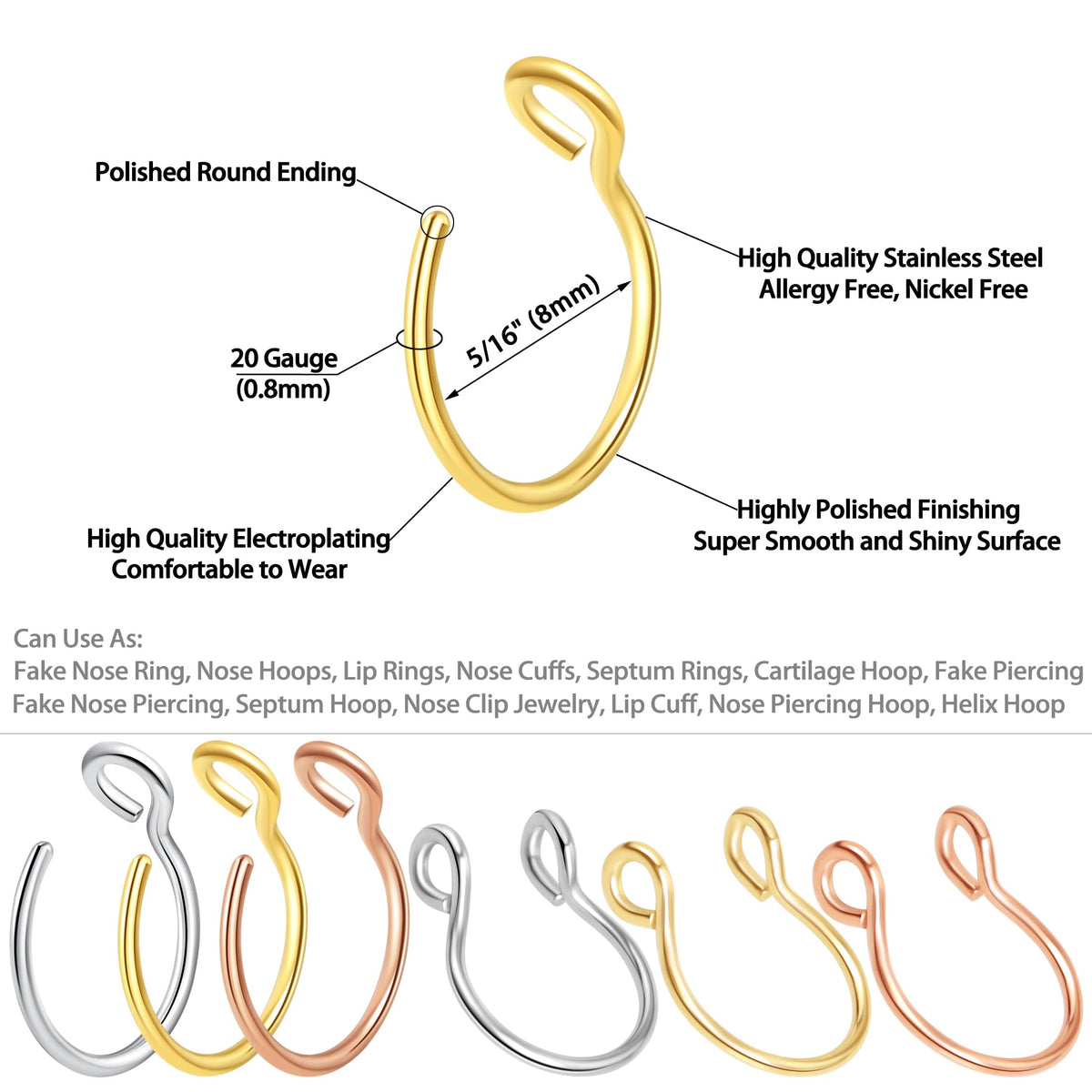1-16Pcs 16G 18G 20G 22G Nose Rings Hoops Nose Piercings Fake Nose Ring Fake Septum Nose Ring Fake Lip Rings Fake Septum Piercing Fake Nose Piercing Fake Nose Hoop Faux Nose Rings Clip On Nose Cuffs Nose Piercing Jewelry Nose Rings for Women Men Nose Hoops