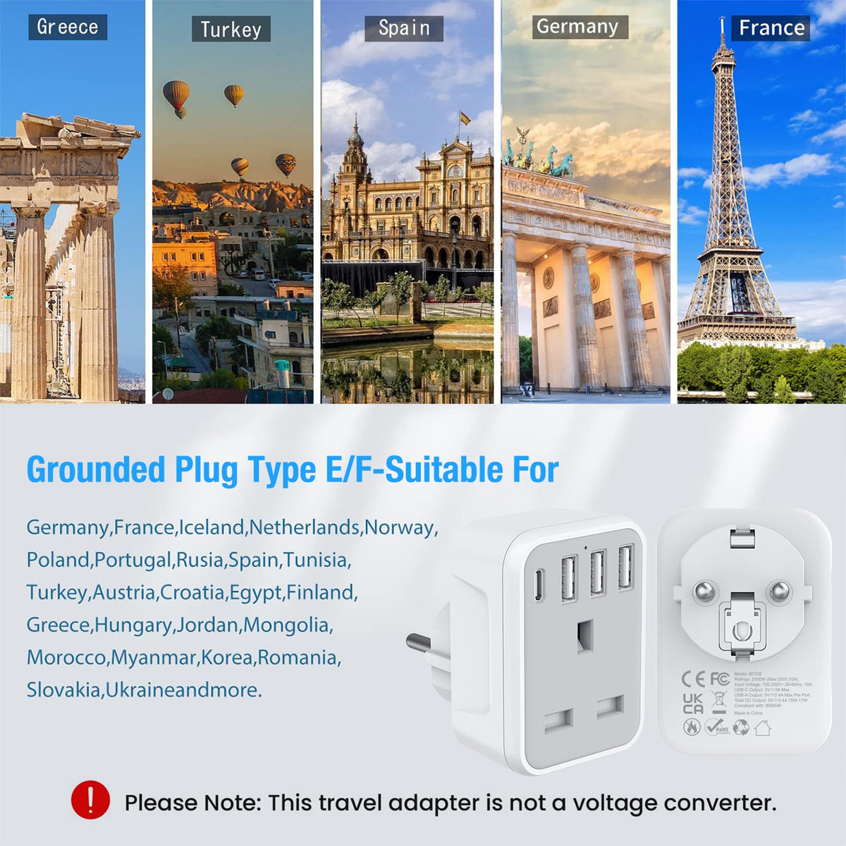2 Pcak European to UK Plug Adaptor with 4 USB Ports(1 USB C), UK to EU Euro European Plug Adapter Grounded for Germany Spain France Iceland Greece Poland Netherlands Austria Turkey, etc (Type E/F)
