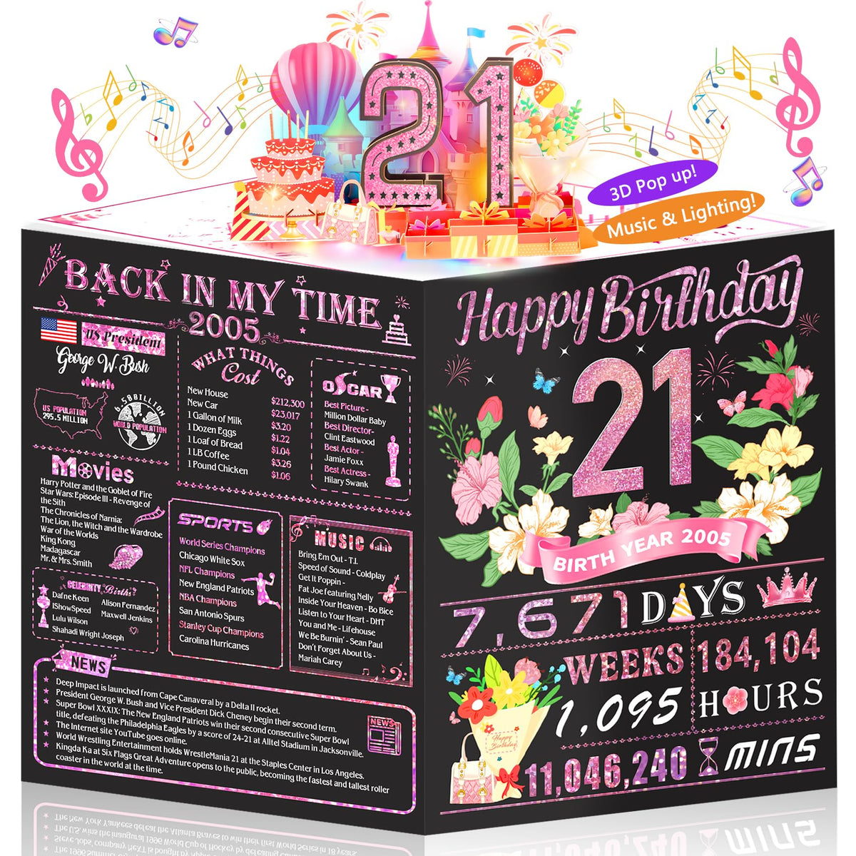 16th Birthday Card for Girls Her, 3D Pop Up Music Birthday Card with Lights, 16 Year Old Women Funny Birthday Decorations, Back in 2010, Rose Gold Gift for Daughter Sister Friend