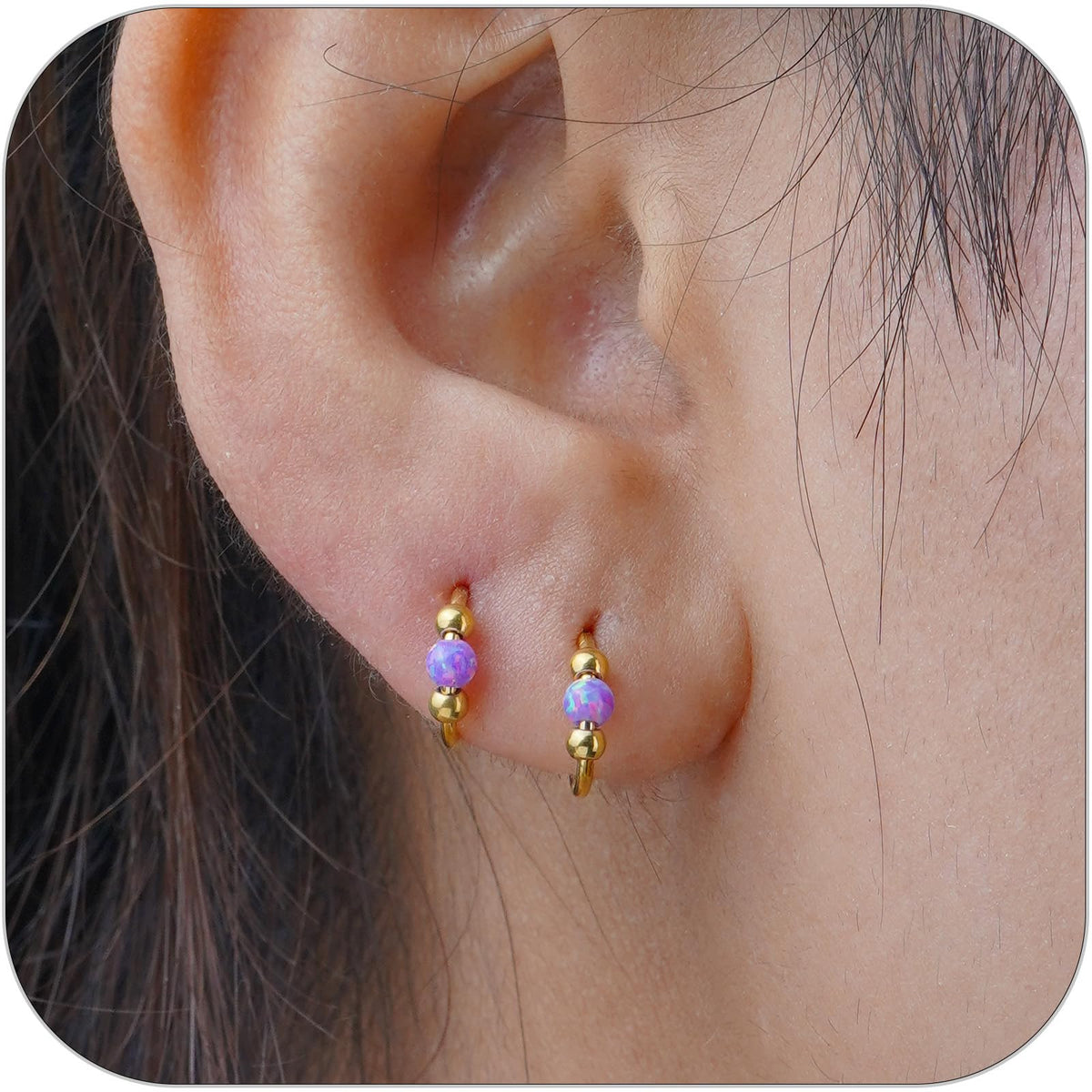 2PCS 18G Opal Cartilage Hoop Earrings, Hypoallergenic Silver Huggie Hoops