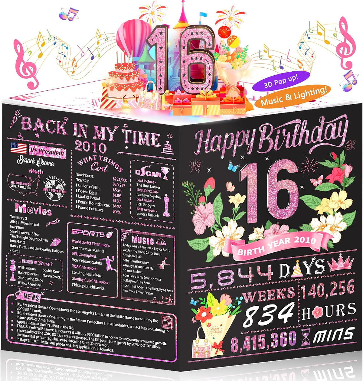 16th Birthday Card for Girls Her, 3D Pop Up Music Birthday Card with Lights, 16 Year Old Women Funny Birthday Decorations, Back in 2010, Rose Gold Gift for Daughter Sister Friend